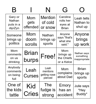 Christmas Family Bingo Card