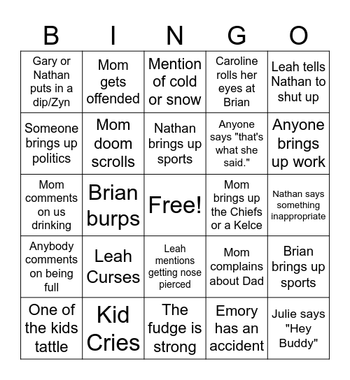 Christmas Family Bingo Card