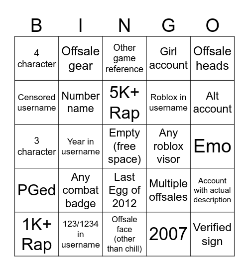 Roblox account bingo Card