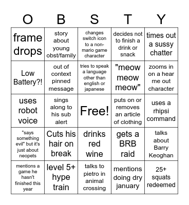 Obsty Bingo!! Bingo Card