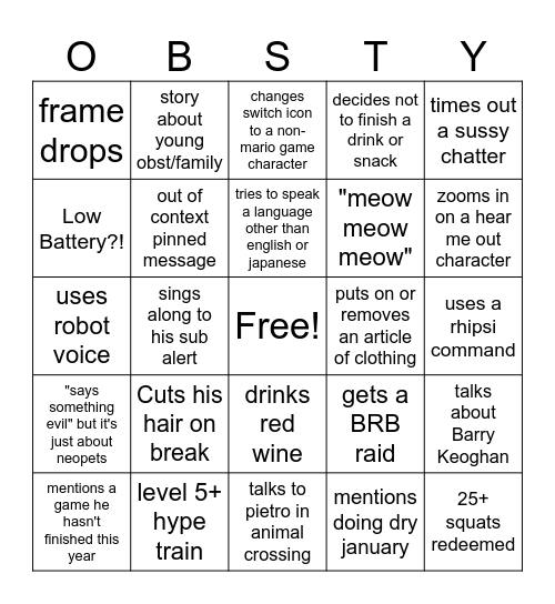 Obsty Bingo!! Bingo Card