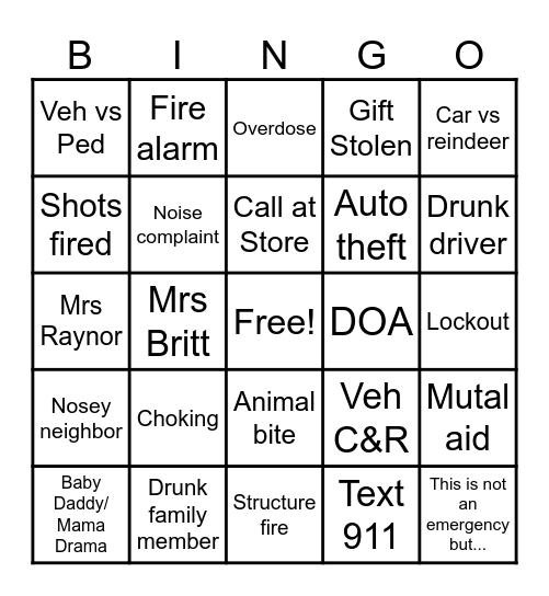 Christmas 911 Bingo Card