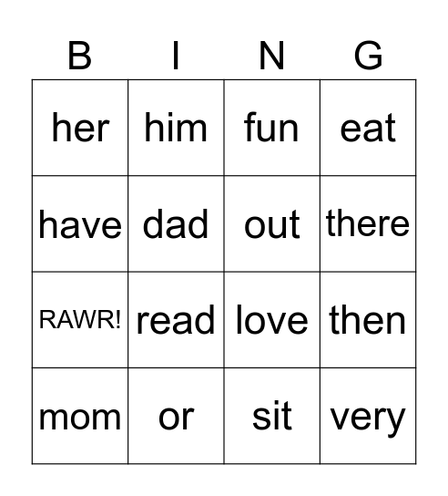 Sight Words Bingo Card