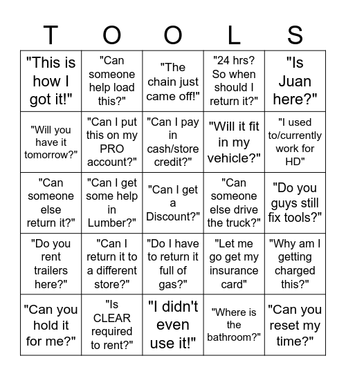 Tool Rental Bingo Card