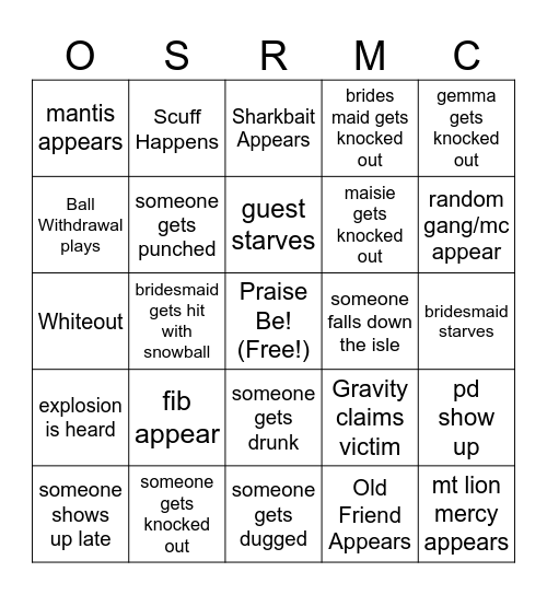 Wedding/Reception Bingo Card