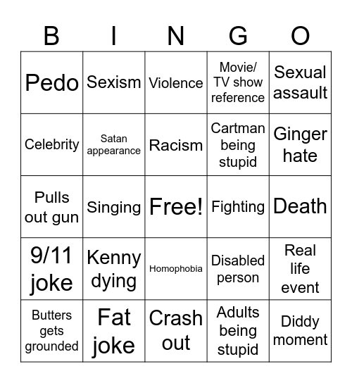 South Park Bingo Card