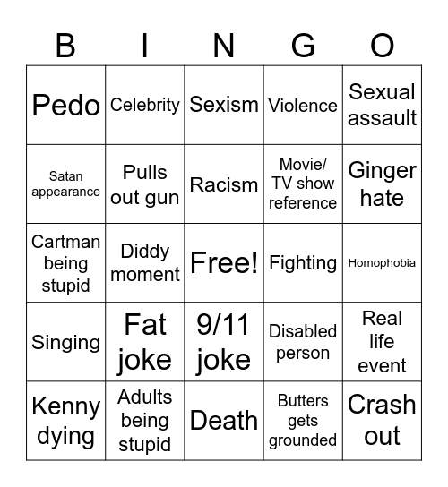 South Park Bingo Card