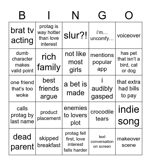 Ultimate Teen Film Bingo Card