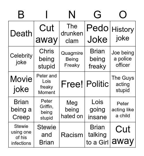 Family Guy Bingo Card