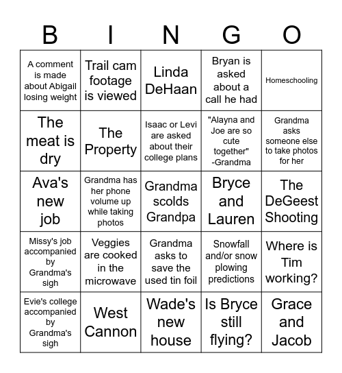 Grandma's House Bingo! Bingo Card