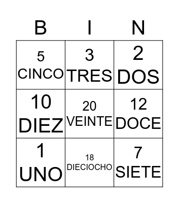 1-20 Bingo Card