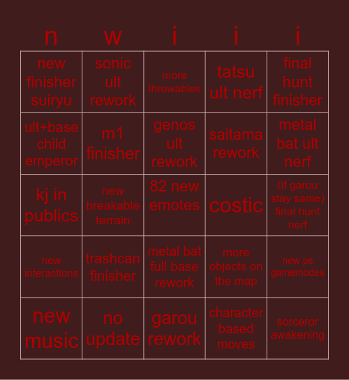 kj Bingo Card