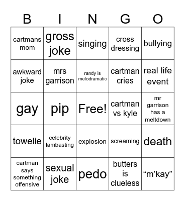 South Park Bingo Card