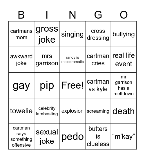 South Park Bingo Card