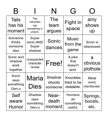 Sonic 3 Bingo Card