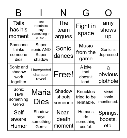 Sonic 3 Bingo Card