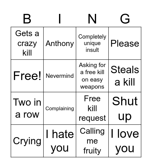 Alexia Gun Game Bingo Card