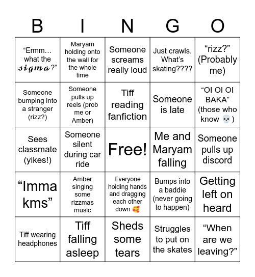 elalala 𝓼𝓲𝓰𝓶𝓪 skater thingy Bingo Card