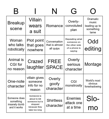Action Movie Bingo Card