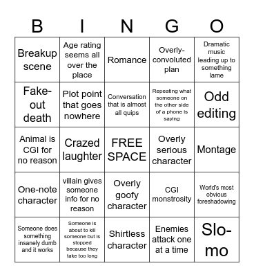 Action Movie Bingo Card