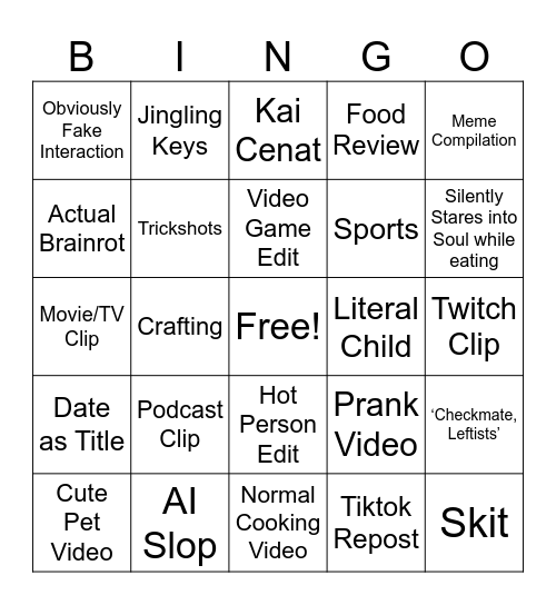 YouTube Shorts Bingo Card