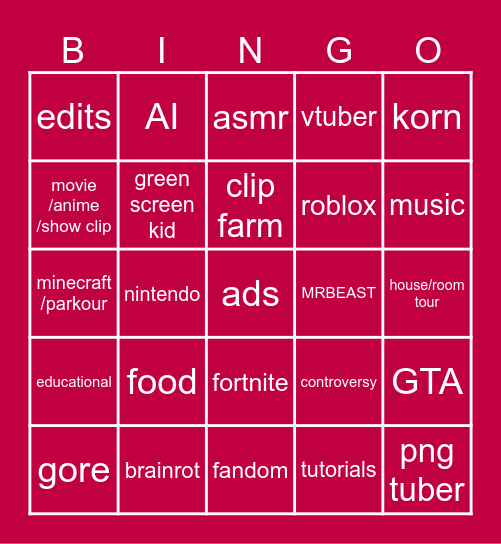 shorts bingo i think Bingo Card