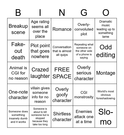 Action Movie Bingo Card