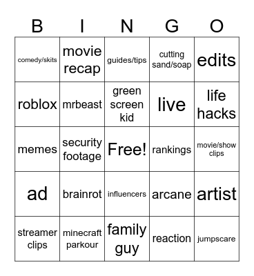 YT shorts bingo Card