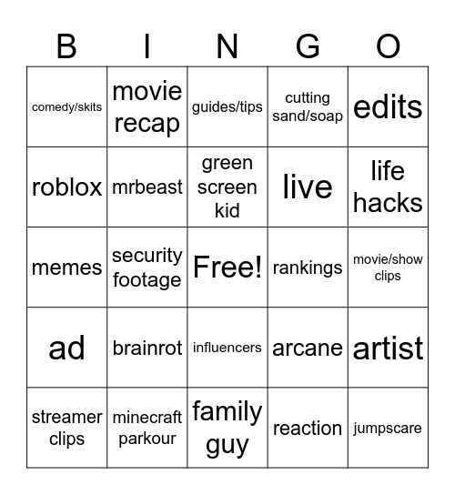 YT shorts bingo Card