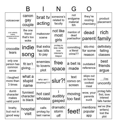 Teen Movie Bingo Card