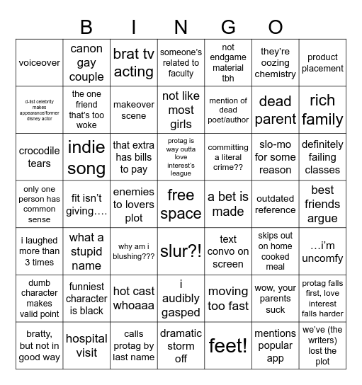 Teen Movie Bingo Card