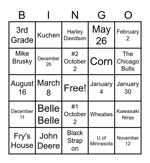 Weigel Family Bingo Card