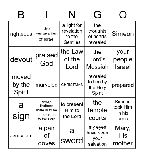 Jesus presented in the Temple - Luke 2:22-35 Bingo Card
