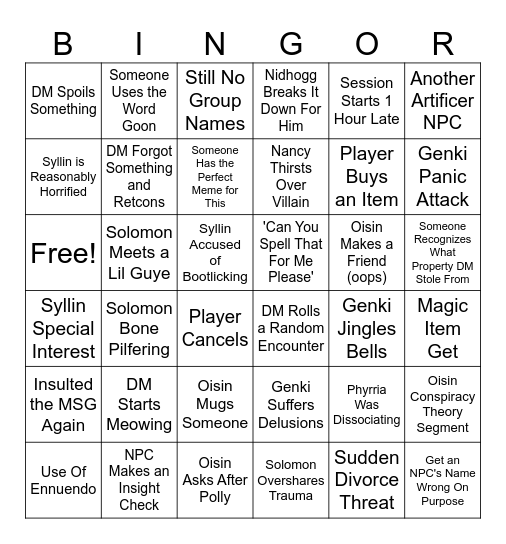 DND BINGOR Bingo Card