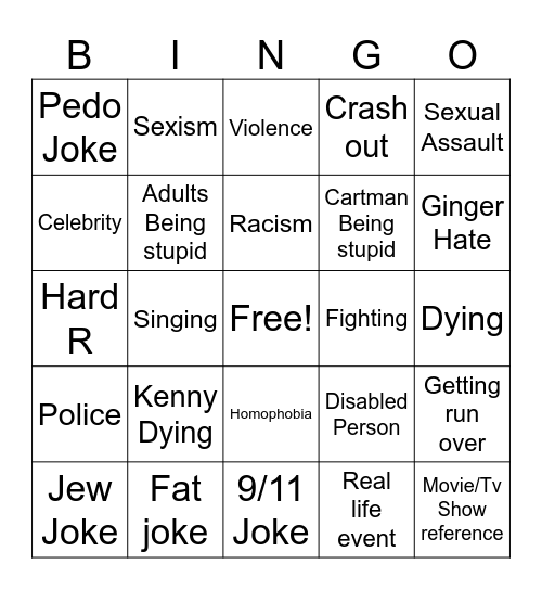 South Park Bingo Card