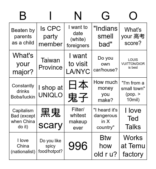 Average Chinese Opinions Bingo Card