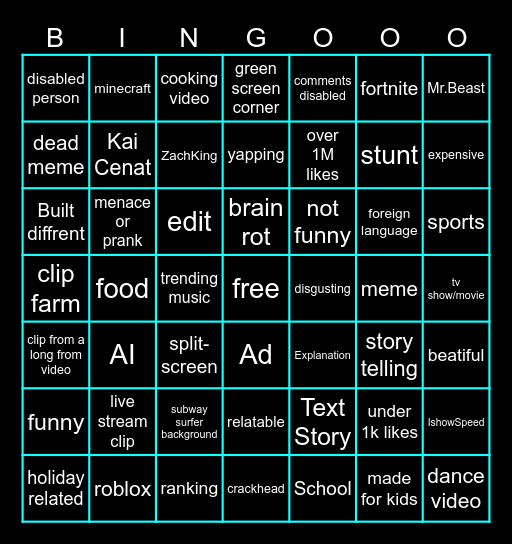 shorts/tiktok/reels LVL:INSANE Bingo Card