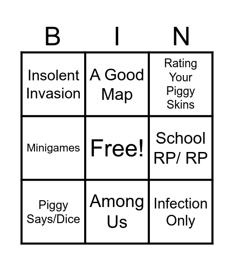 Piggy Build Mode Bingo Card