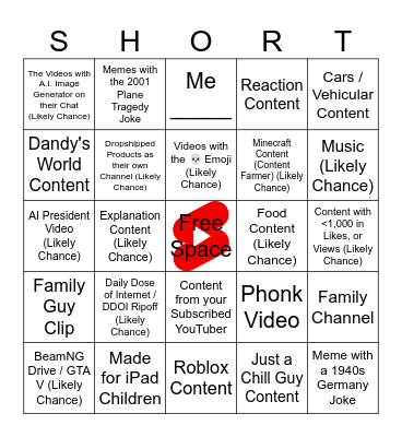 Short Form Content Bingo Card