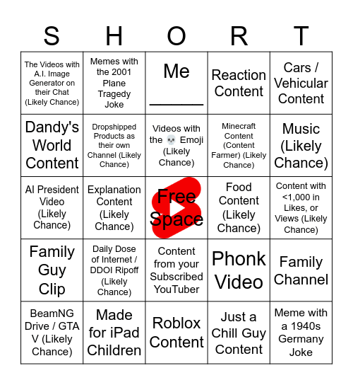 Short Form Content Bingo Card