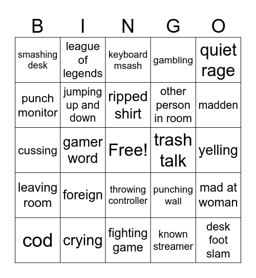 gamer rage bingo Card