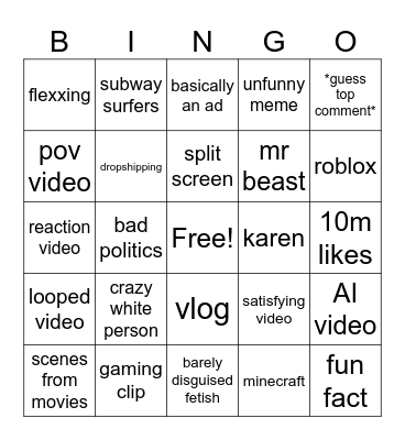 youtube shorts bingo Card