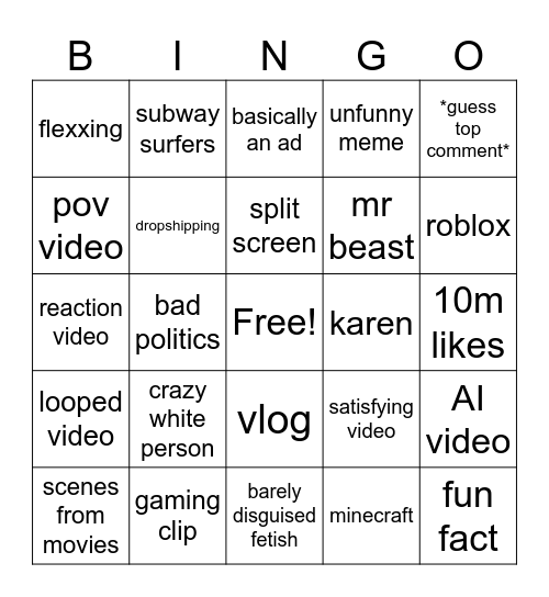 youtube shorts bingo Card
