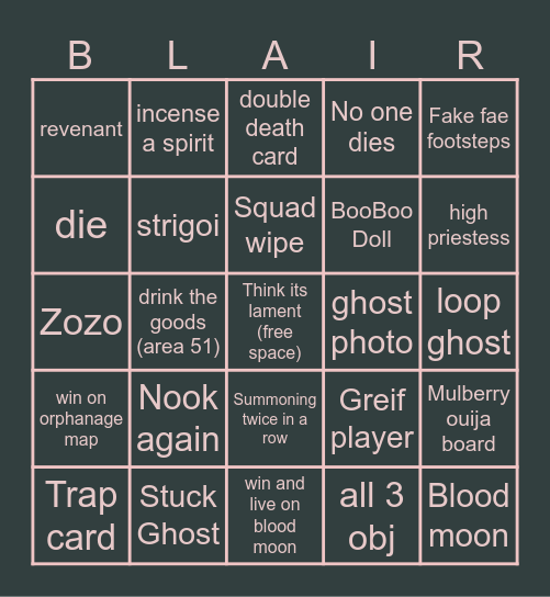 Blair Bingo Card