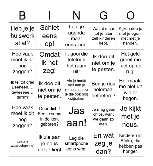 Irritante ouder Bingo - De irritantste opmerkingen van ouders Bingo Card