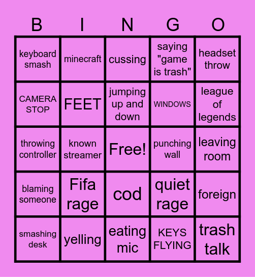 gamer rage Bingo Card