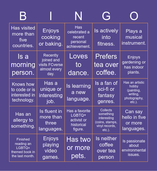 "Find Someone Who..." Bingo in FCverse Bingo Card