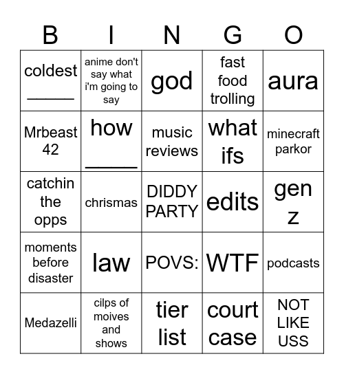YOUTUBE SHORTS Bingo Card