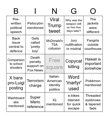The Trial of Luigi Mangione Bingo Card