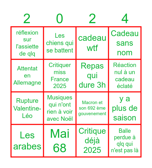 Repas de Noël Bingo Card